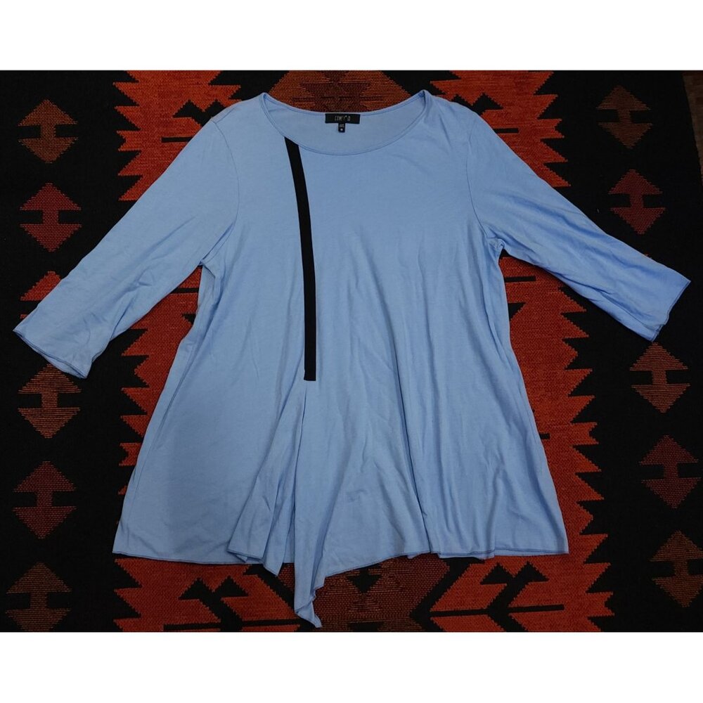 Comfy USA Blue Tunic Top With Asymmetrical Hem & Black Stripe Detail - M